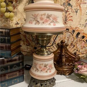 Floral Glass Table Lamp with Brass Accents